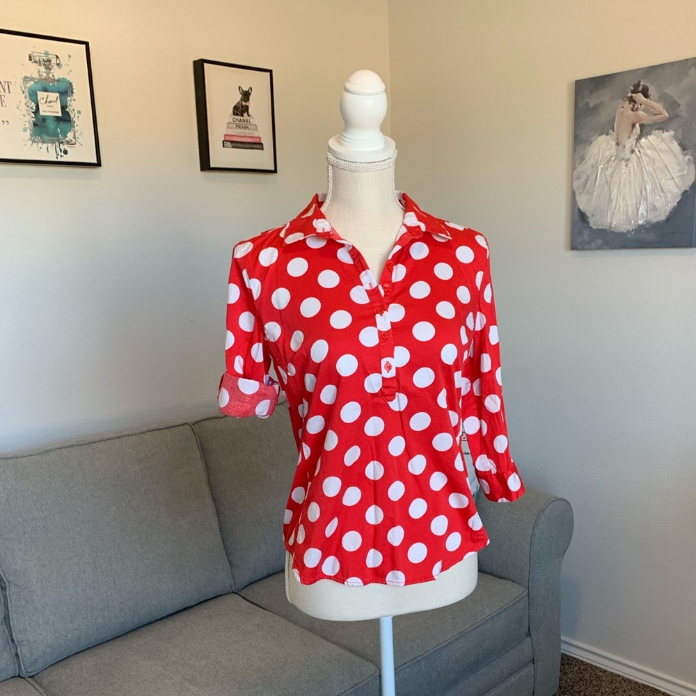 Polka Dot Half Button-Down Blouse